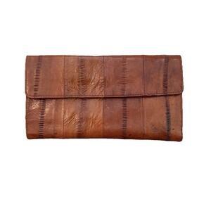 Vintage Eel Skin Leather Wallet Brown Trifold Credit Card ID Slot Zipper Korea